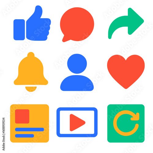 Modern Social Media Icons. Flat vector icons of social media interaction: like button, comment bubble, share arrow. notification