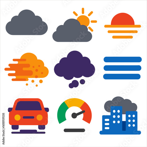 Atmospheric Condition Icons. Flat vector icons of atmospheric conditions: overcast sky, partly cloudy, hazy horizon, dust storm,