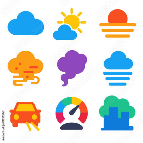 Atmospheric Condition Icons. Flat vector icons of atmospheric conditions: overcast sky, partly cloudy, hazy horizon, dust storm,
