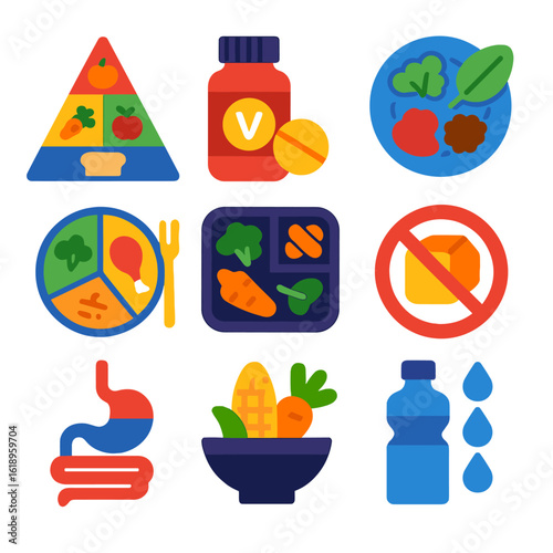 Nutrition Icon Set. Flat vector icons of nutrition and wellness: food pyramid, vitamin supplement, plant-based meal, portion