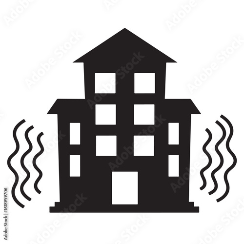 Flat black vector silhouette of shaking building with motion wave lines symbolizing earthquake damage on white background