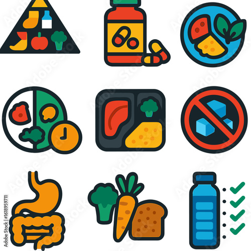 Nutrition Icon Set. Flat vector icons of nutrition and wellness: food pyramid, vitamin supplement, plant-based meal, portion