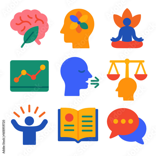 Mental Wellness Icons. Flat vector icons of mental wellness: brain with leaf, mindfulness icon, meditation lotus, mood tracker