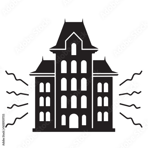 Flat black vector silhouette of shaking building with motion wave lines symbolizing earthquake damage on white background