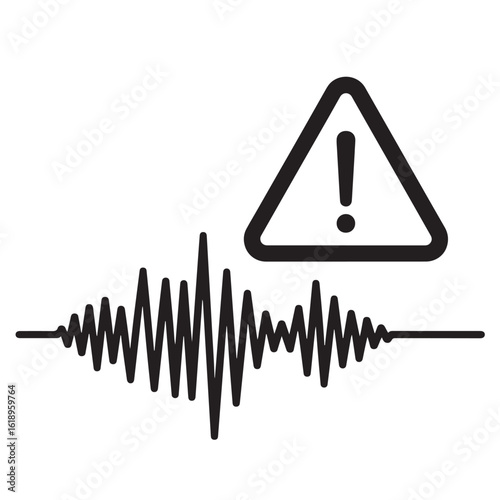 Flat black vector silhouette of an alert triangle with exclamation mark and seismic wave below symbolizing earthquake warning, on white background