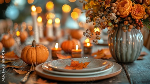 Seasonal Autumn Decor Featuring Pumpkins and Flowers on a Wooden Table With C...