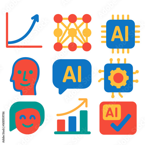 Vibrant AI Icons. Flat vector icons of machine cognition: AI learning curve, deep learning layers, artificial memory chip,
