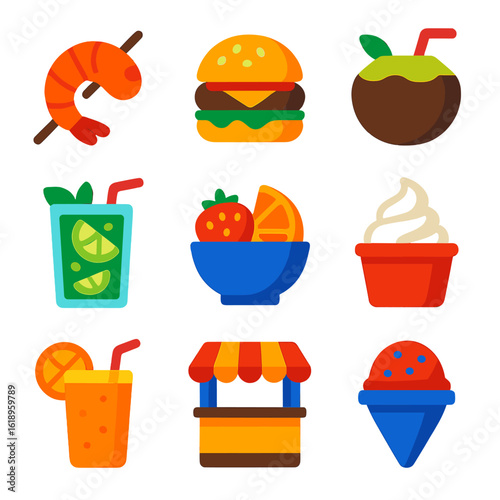 Beachside Snack Icons. Flat vector icons of beachside food and drink: grilled shrimp, beach burger, coconut with straw, mojito