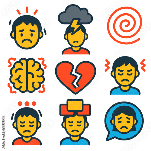 Stress and Anxiety Icons. Flat vector icons of stress and anxiety: stressed face, storm cloud over head, anxiety swirl,