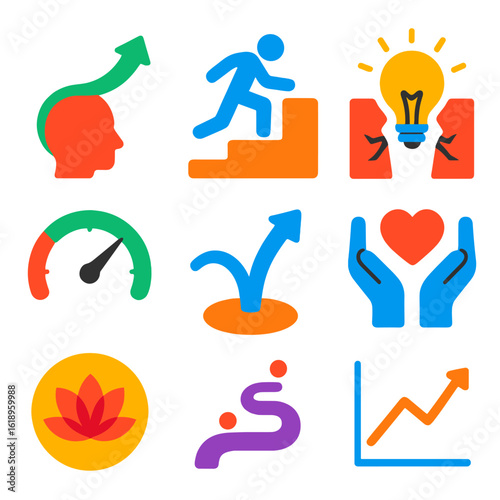 Resilience Icon Set. Flat vector icons of resilience and recovery: growth mindset arrow, overcoming obstacle icon, breakthrough