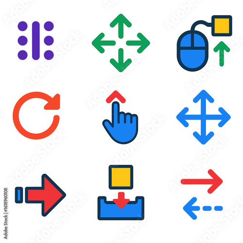 Modern Icon Set. Flat vector icons of drag and position controls: drag handle icon, position arrows, move with mouse, object