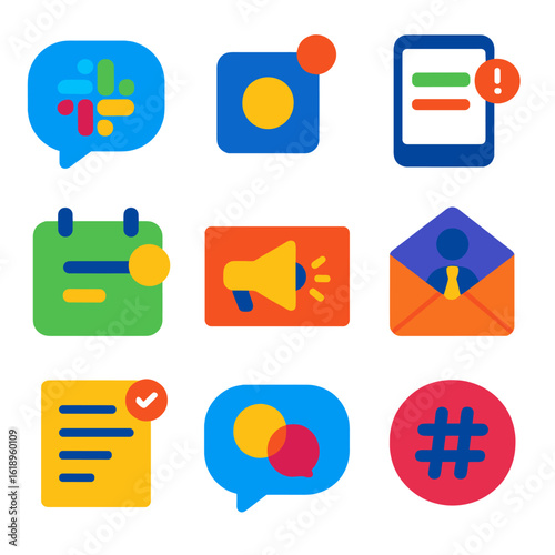 Business Digital Icons. Flat vector icons of business digital communication: Slack message bubble, internal notification ping,