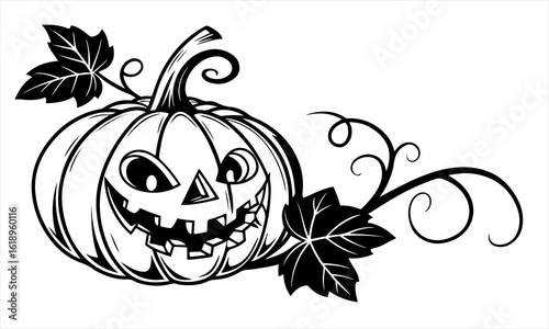 Spooky Jack O' Lantern with Vine and Leaves Halloween Illustration
