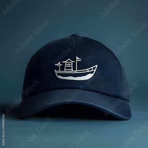 A classic navy blue baseball cap mockup featuring a simple white embroidered boat logo.