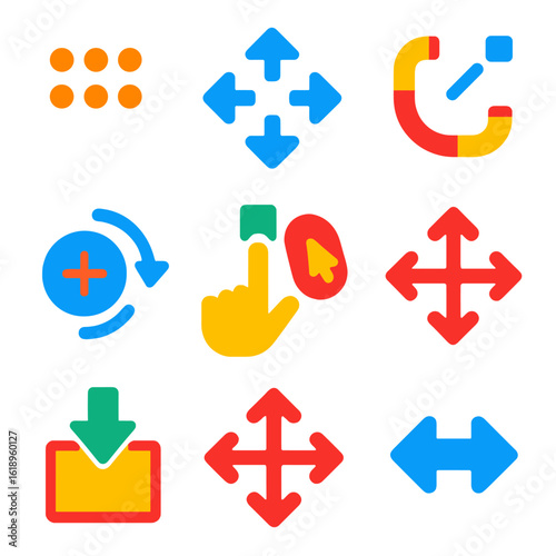 Modern Icon Set. Flat vector icons of drag and position controls: drag handle icon, position arrows, move with mouse, object