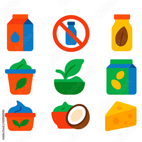 Lactose-Free Dairy Icons. Flat vector icons of lactose-free dairy: lactose-free milk carton, dairy-free yogurt, lactose-free label