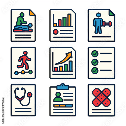 Rehabilitation Icon Set. Flat vector icons of rehabilitation and therapy records: physical therapy log, rehab progress chart,