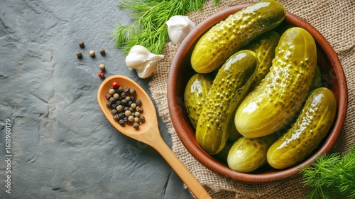 Freshly Prepared Pickles Presented With Herbs and Spices on a Rustic Dark Sur...