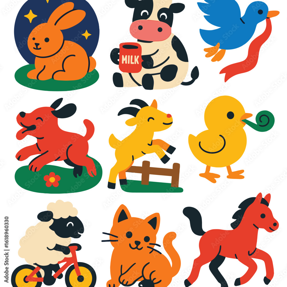 Fototapeta premium Cute Animal Icons. Flat vector icons of cute farm and domestic animals: fluffy bunny under stars, cow sitting with milk cup, duck