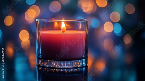 Soft Glow of a Lit Candle in a Glass Holder Against a Blurred Background of C...