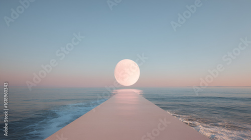 Surreal ocean view with pathway leading to glowing orb against a pastel sky.  Tranquil and dreamlike.