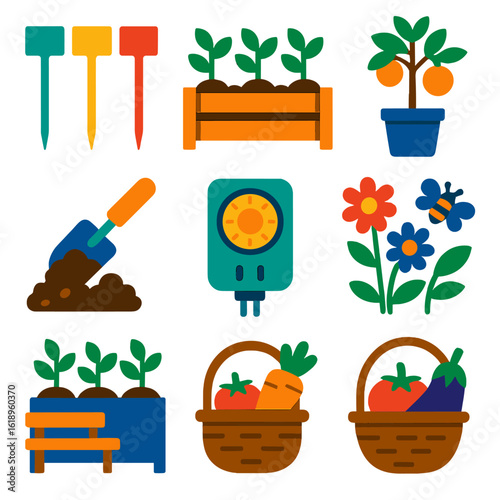 Urban Gardening Icons. Flat vector icons of urban gardening and balcony farming: plant label markers, raised crate garden, potted