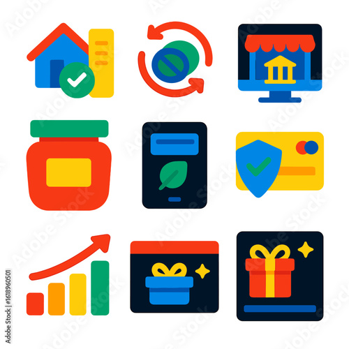 Modern Flat Finance Icons. Flat vector icons of online banking and personal finance: home loan status tracker, interest-free