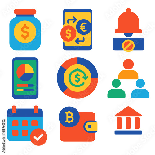Bold Finance Icons. Flat vector icons of online banking and personal finance: savings jar icon, online money exchange, finance