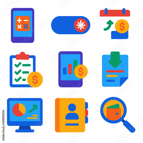 Modern Finance Icons. Flat vector icons of online banking and personal finance: mobile interest calculator, account freeze toggle,