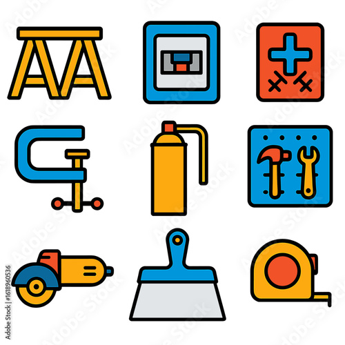 Home Renovation Tools. Flat vector icons of home renovation and DIY tools: wooden sawhorse pair, circuit breaker box, tile spacer
