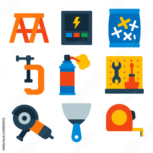 Home Renovation Tools. Flat vector icons of home renovation and DIY tools: wooden sawhorse pair, circuit breaker box, tile spacer