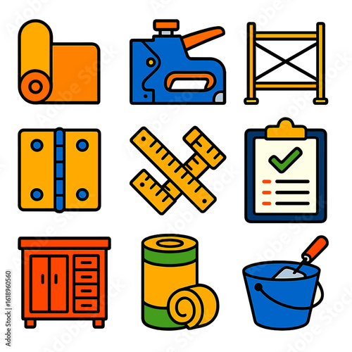 Bright DIY Tool Icons. Flat vector icons of home renovation and DIY tools: plastic sheet roll, heavy-duty stapler gun, scaffolding