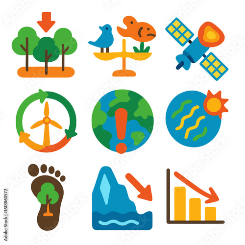 Climate Icons Collection. Flat vector icons of climate change and environmental icons: shrinking forest canopy, ecosystem