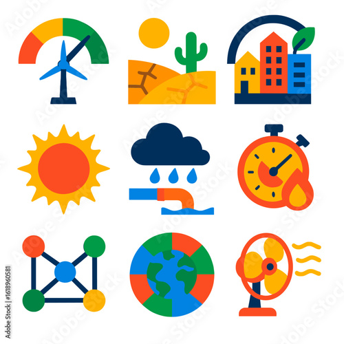 Climate Change Icons. Flat vector icons of climate change and environmental icons: renewable energy adoption gauge,