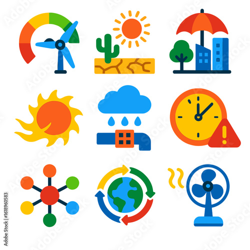 Climate Change Icons. Flat vector icons of climate change and environmental icons: renewable energy adoption gauge,