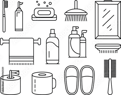 Collection of bathroom hygiene and personal care items in a clean line art style