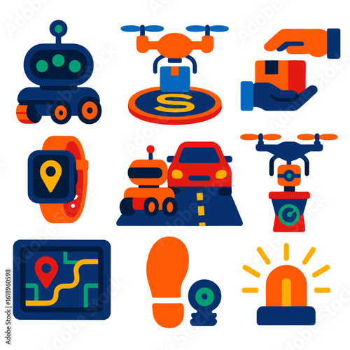 Robotic Delivery Icons. Flat vector icons of delivery robots and autonomous logistics: night vision equipped robot, drone on solar