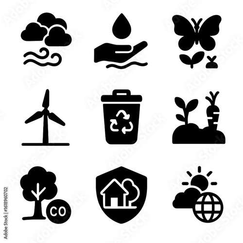 Environmental Icon Set. Solid, filled icon set of environmental benefits: clean air, water conservation, biodiversity, renewable