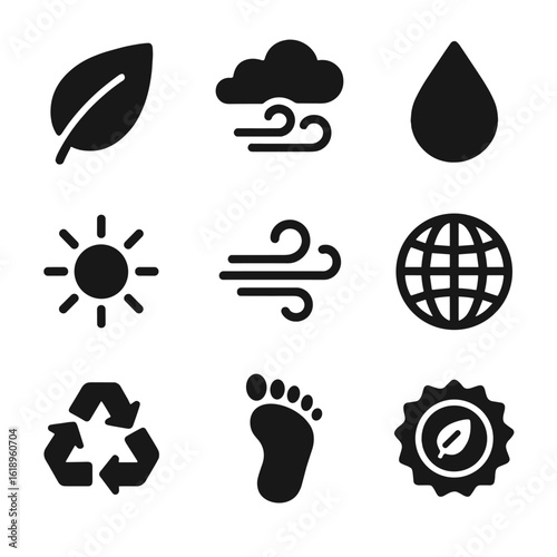Environmental Icons Grid. Solid, filled icon set of environmental benefits: leaf symbol, clean air, water droplet, sun rays, wind