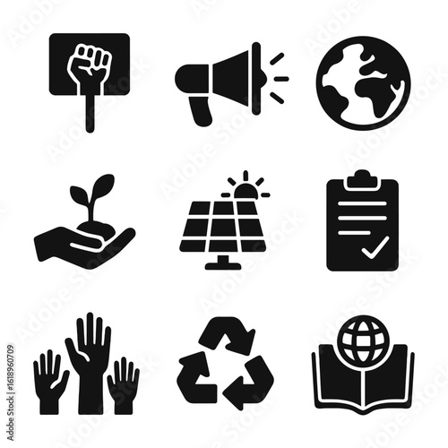Environmental Icon Set. Solid, filled icon set of environmental activism: protest sign, megaphone, earth globe, tree planting,