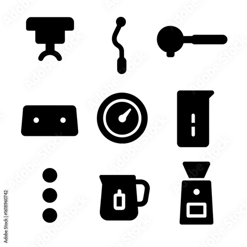 Espresso Machine Icons. Solid, filled icon set of espresso machine parts: group head, steam wand, portafilter, drip tray, pressure
