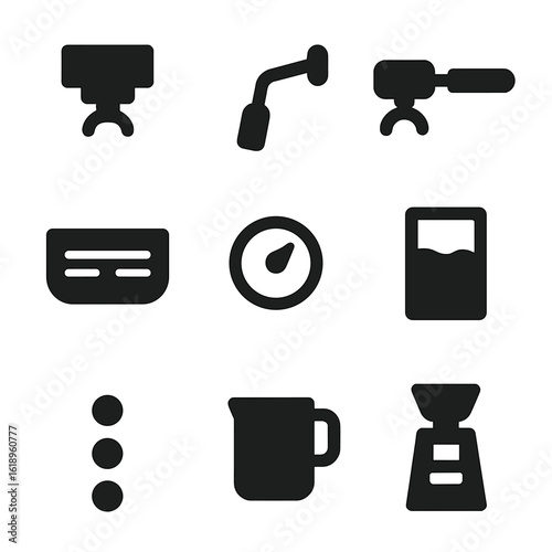 Espresso Machine Icons. Solid, filled icon set of espresso machine parts: group head, steam wand, portafilter, drip tray, pressure