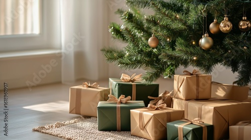 Holiday Decorations With Gifts Under a Christmas Tree in a Cozy Living Room S...