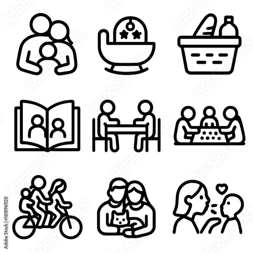 Family Moments Icons. Solid, filled icon set of family moments: parents with child, baby cradle, picnic basket, storybook, family