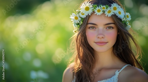 Young Woman With Floral Crown Smiles Amidst Blooming Wildflowers in a Sunny M...
