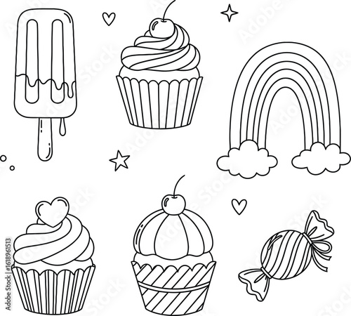 Whimsical Sweets and Treats Black and White Line Art Illustration Featuring Cupcakes, a Rainbow, Candy, and Popsicle