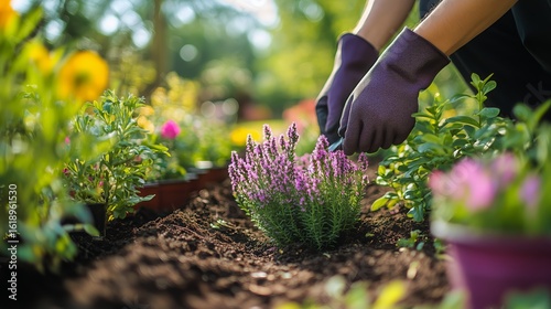 Gardening Activities in a Vibrant Garden During Sunny Afternoon
