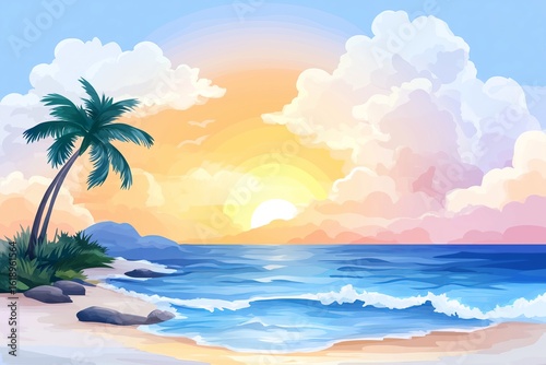 Tropical Sunrise Beach Scene Painting