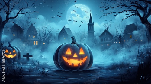 Spooky Halloween Night With Glowing Pumpkins and Eerie Moonlight Over Ghostly...