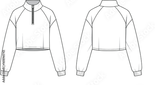 Front and back technical sketch of cropped pullover sweatshirt, quarter zip collar, long sleeve design, fashion flat vector illustration template